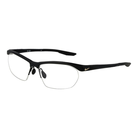 Nike Black Men Glasses Frame, half-rim stainless steel black rectangle eyewear with demo lenses, size 58-15-145, includes branded case.