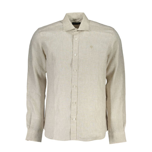 North Sails Beige Linen Men Shirt with Italian collar and 1-button cuffs, features iconic embroidery logo for a timeless style.