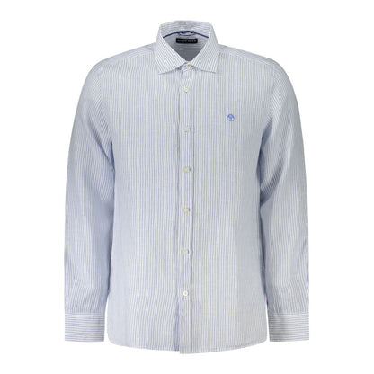 North Sails Blue Linen Shirt with long sleeves, French collar, 1 button cuffs, striped design, and embroidered logo for ocean positivity.