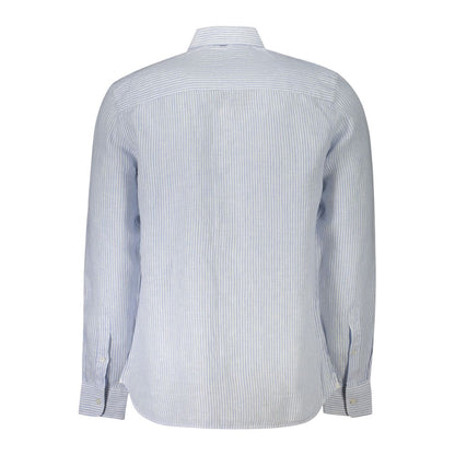 Back view of North Sails Blue Linen Shirt with long sleeves, French collar, striped pattern, and logo embroidery.