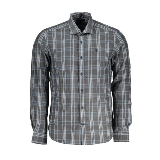 North Sails Brown Cotton Men Shirt with checked pattern, long sleeves, French collar, and one-button cuffs for casual sophistication.