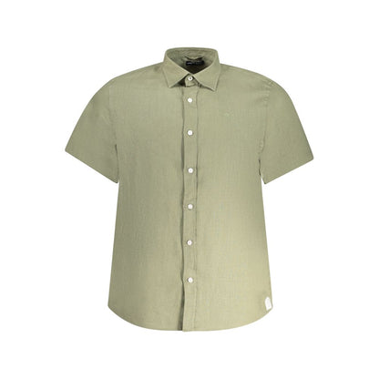 North Sails Green Linen Shirt with short sleeves, Italian collar, buttoned front, and ocean positive logo embroidery.