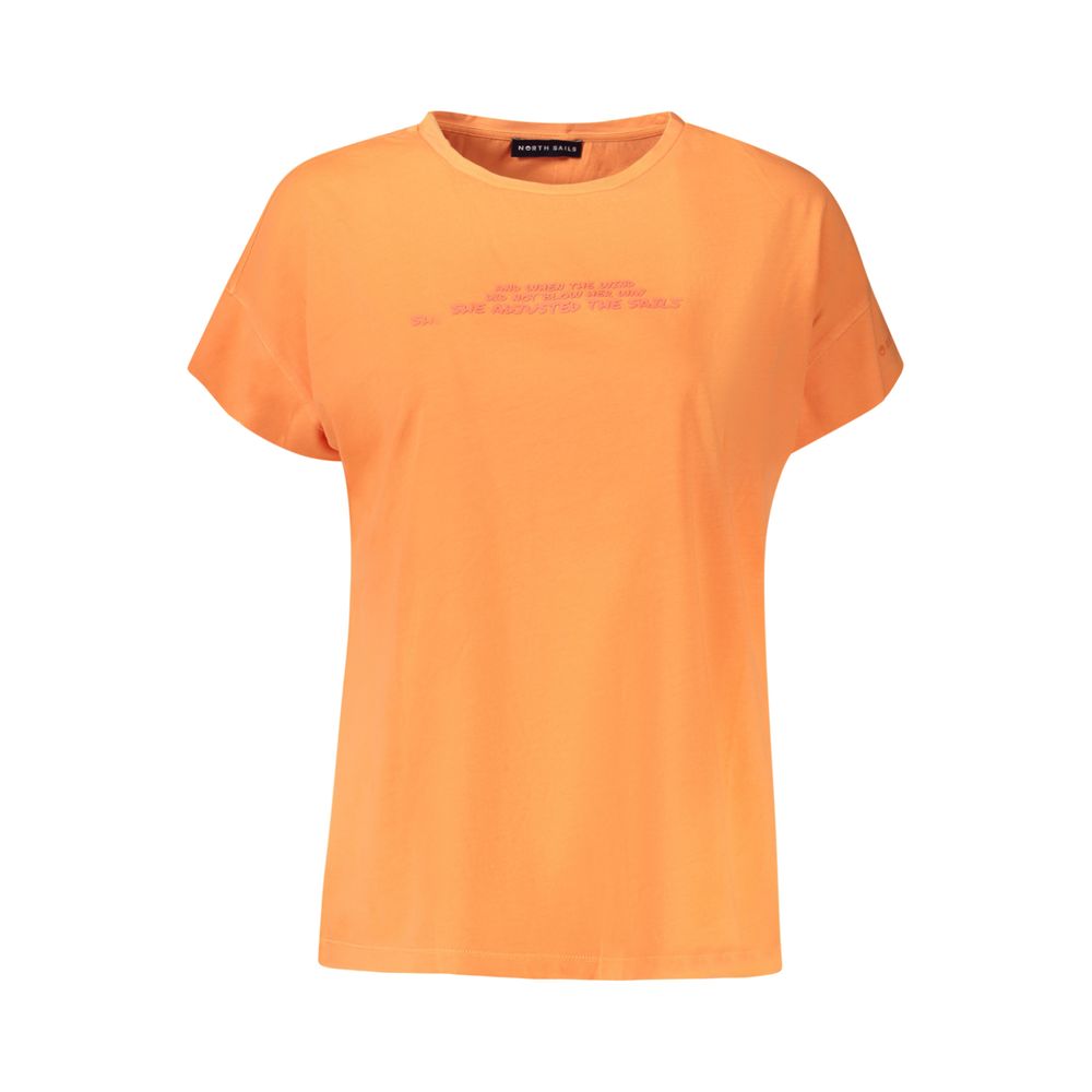 North Sails Orange Cotton Women T-Shirt with short sleeves and bold embossed logo, wide neck design, chic street fashion statement.