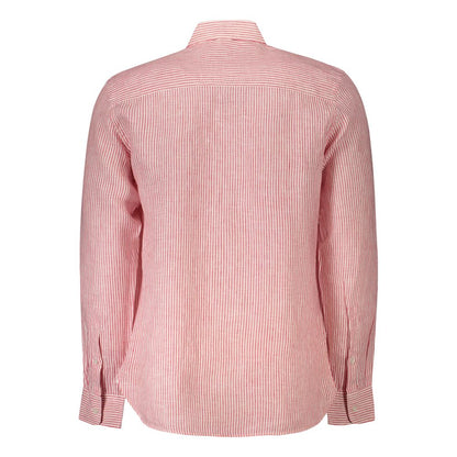 Back view of a North Sails Red Linen Shirt with long sleeves, French collar, and logo embroidery, showcasing the striped design.
