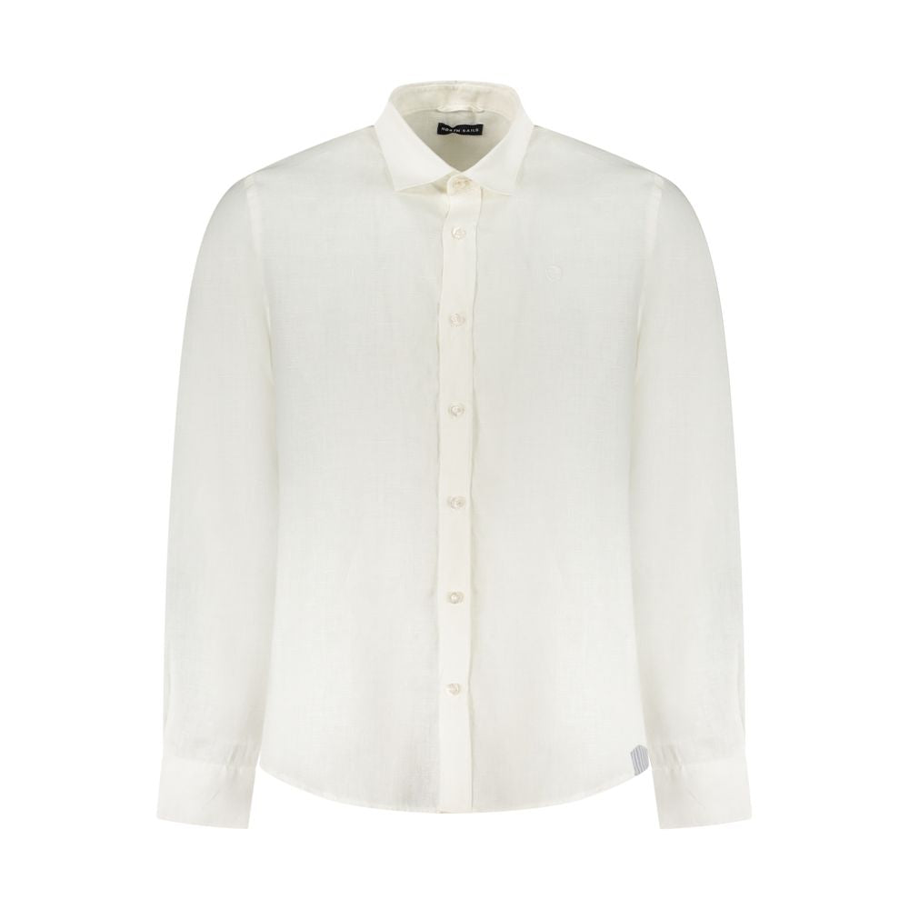 North Sails White Linen Shirt with Italian collar and long sleeves, featuring 1 button cuffs and embroidery logo.