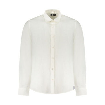 North Sails White Linen Shirt with Italian collar and long sleeves, featuring 1 button cuffs and embroidery logo.