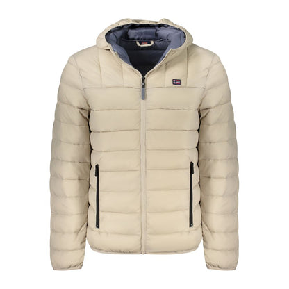 Norway 1963 Beige Polyamide Men Jacket with hood, zip-up design, and grey details for style and practicality.