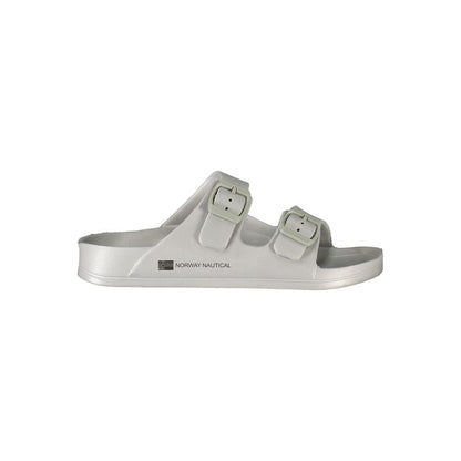 Norway 1963 Gray Plastic Women Sandal with two buckles and brand logo, showcasing contemporary chic style.