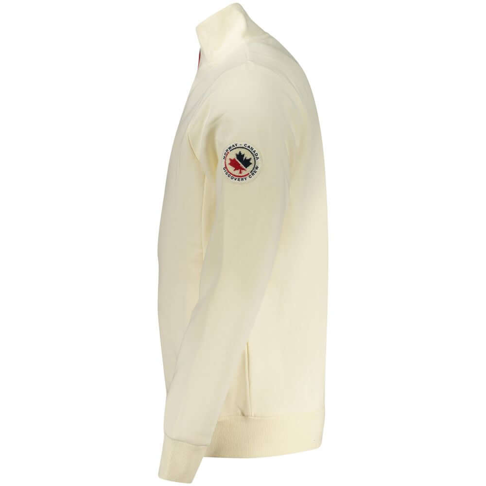 Norway 1963 White Cotton Sweatshirt with applique logo and zip pockets, side view showing long sleeves and logo patch