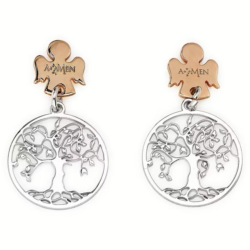 AMEN JEWELRY Mod. ORALABR silver and rose gold earrings with tree of life design
