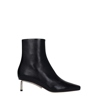 Off-White Black Leather Ankle Boots with square toe, mid heels, and zip closure.