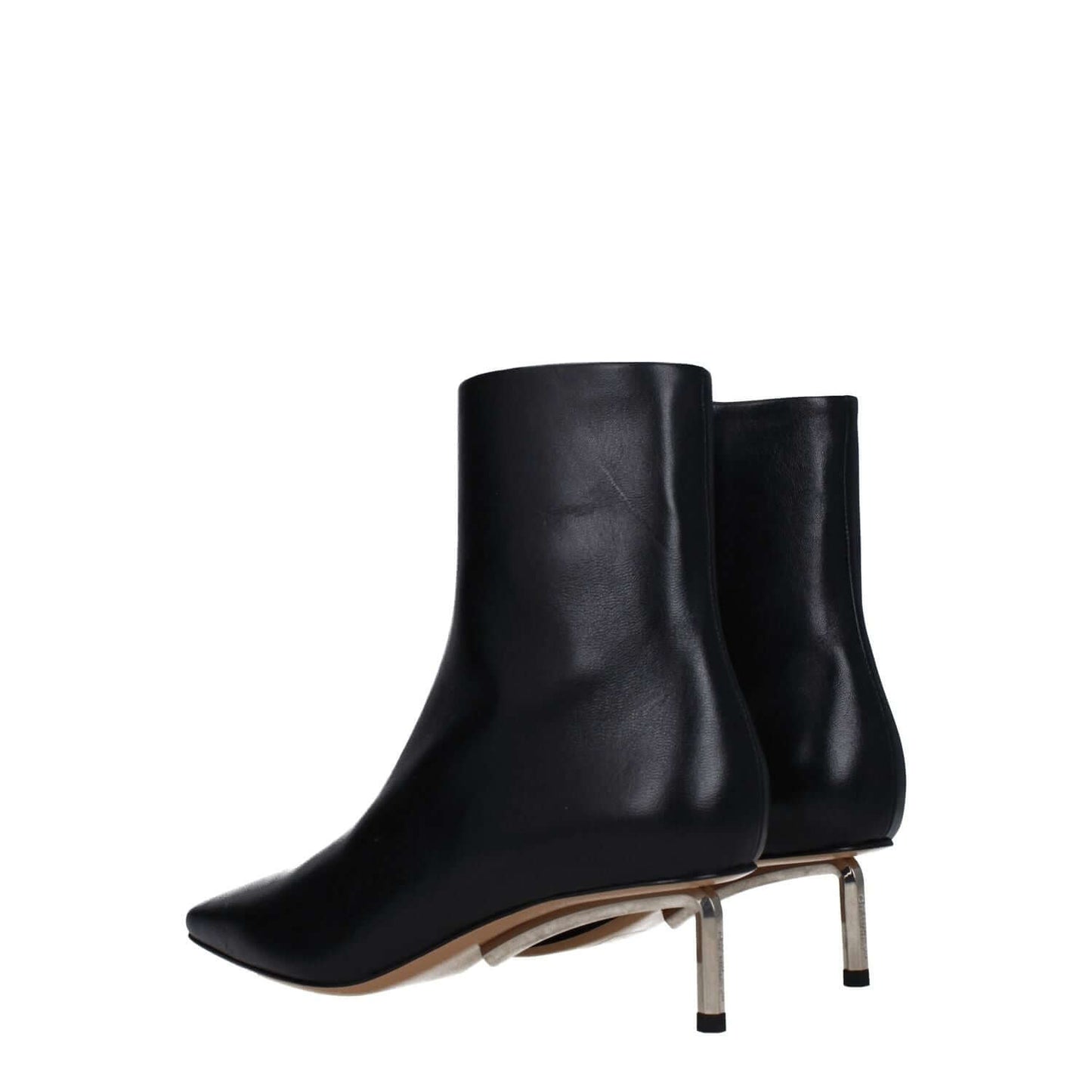 Off-White Black Leather Ankle Boots with zip closure, square toe, and mid heels, back view showcasing sleek design.