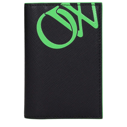 Off-White Black Leather Cardholder with fluo green logo, front and back view, MPN OMND083LEA0011070, holds 9 cards.