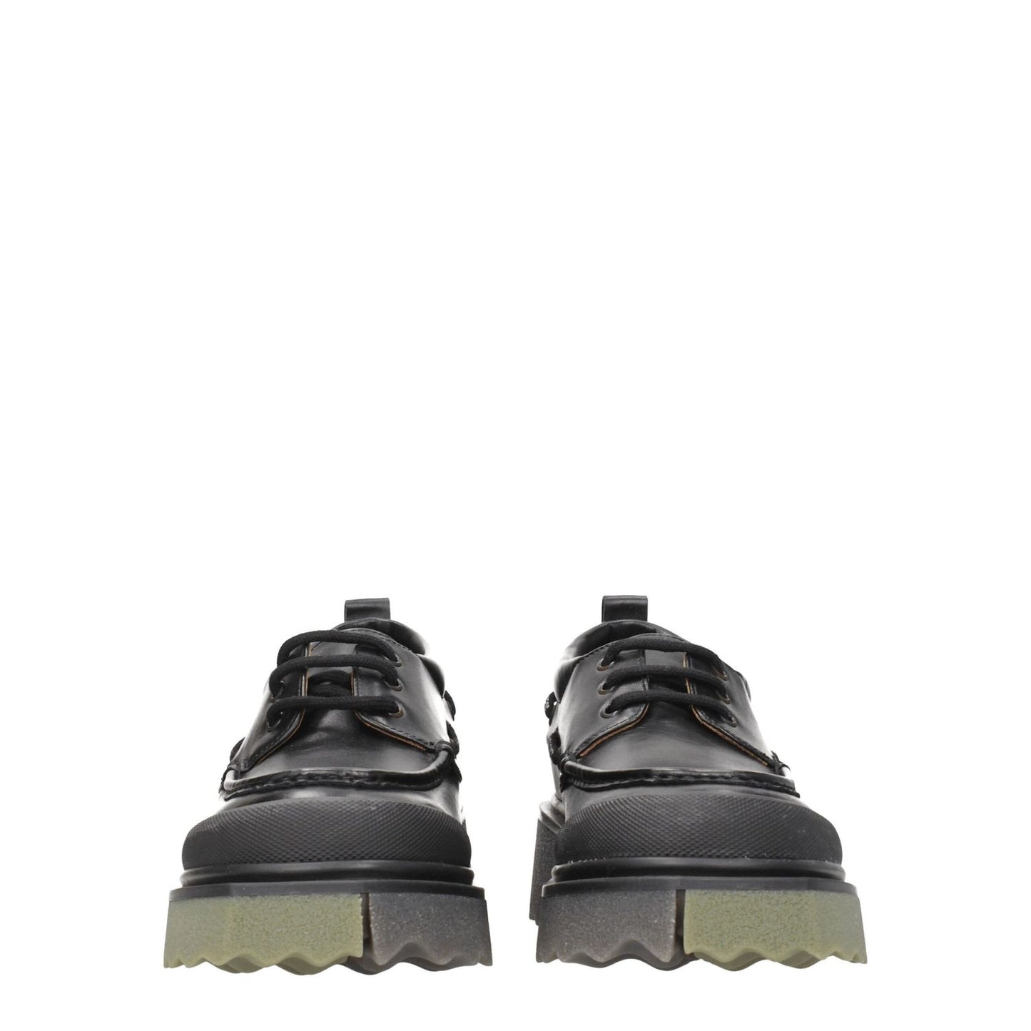 Off-White Black Leather Slip-On Loafers with vintage effect, round toe, mid heels, and military green rubber sole.