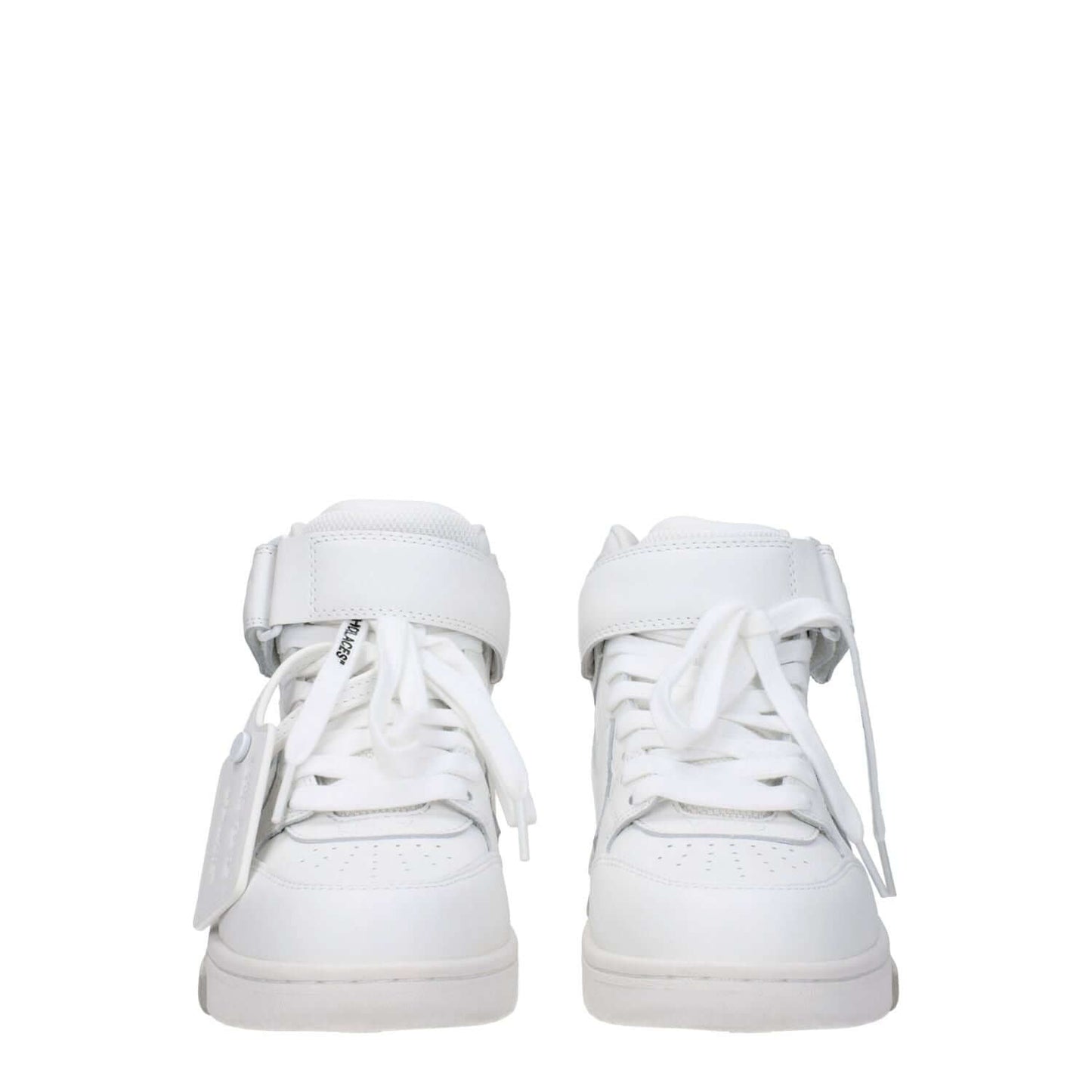 Off-White White Leather High Top Sneakers with strap closure and logo detailing.