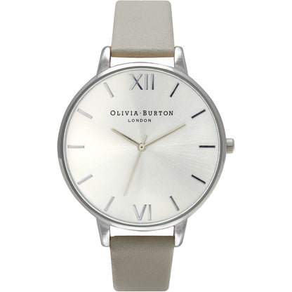 Olivia Burton Gray Leather Dress Watch with silver case and sunray dial, analog quartz mechanism, and grey leather strap.