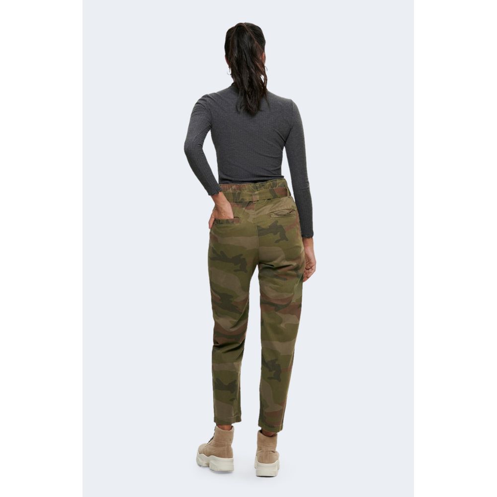 Back view of woman wearing gray polyester turtleneck and camo pants, showcasing casual style and comfort.