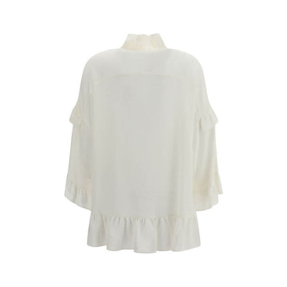 P.A.R.O.S.H. Cream Silk Blouse with back view showing elegant ruffle design and feminine silhouette.