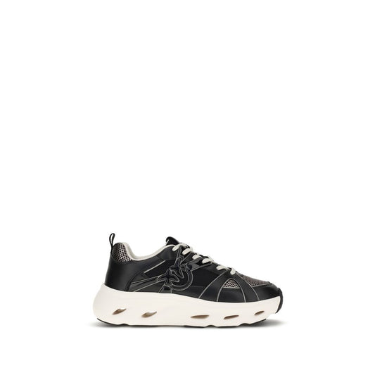 PINKO Black Calf Leather Bos Taurus Chunky Sneakers with lace-up design and Love Birds logo, featuring mesh inserts and shiny details.