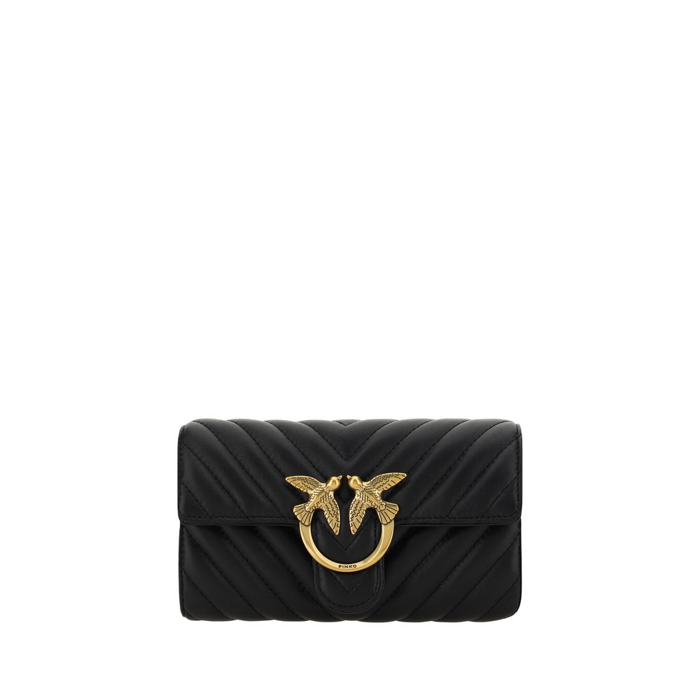 PINKO Black Calf Leather Bos Taurus Wallet with gold Love Birds logo, quilted design, shoulder strap, card slot, and coin pocket.