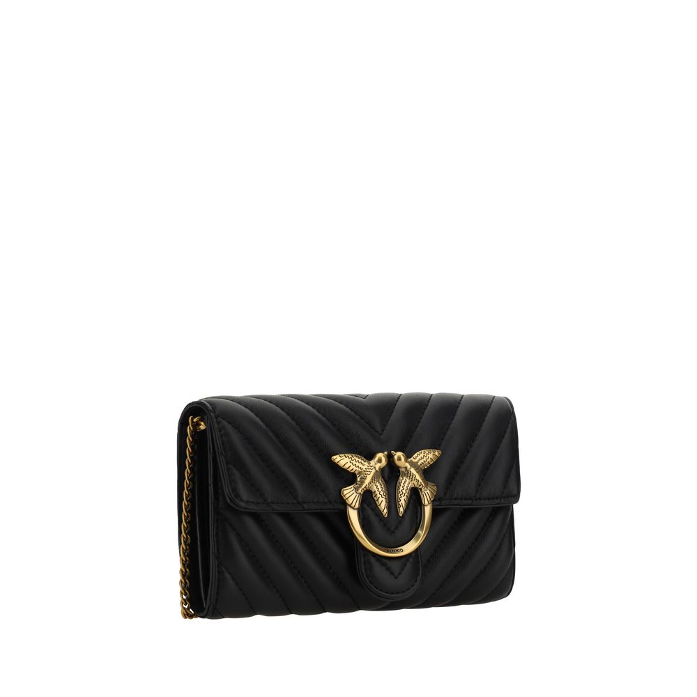 PINKO Black Calf Leather Bos Taurus Wallet with quilted design, gold-plated Love Birds logo, and chain strap, ideal for stylish organization.
