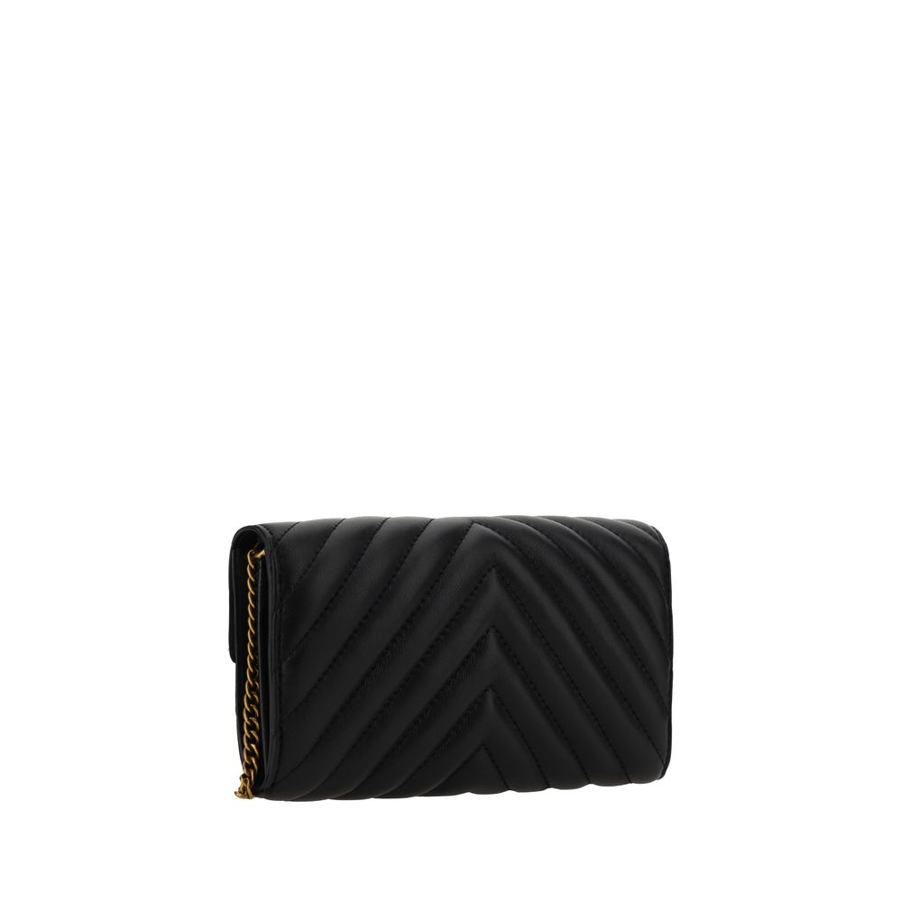 PINKO Black Calf Leather Bos Taurus Wallet with quilted design, gold-plated Love Birds logo, chain shoulder strap, and card slots.
