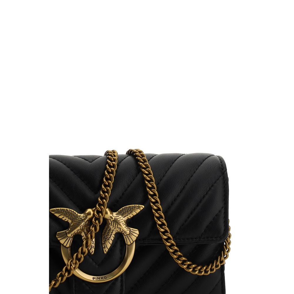 PINKO Black Calf Leather Bos Taurus Wallet with Love Birds logo and chain strap, quilted design, SS25 season