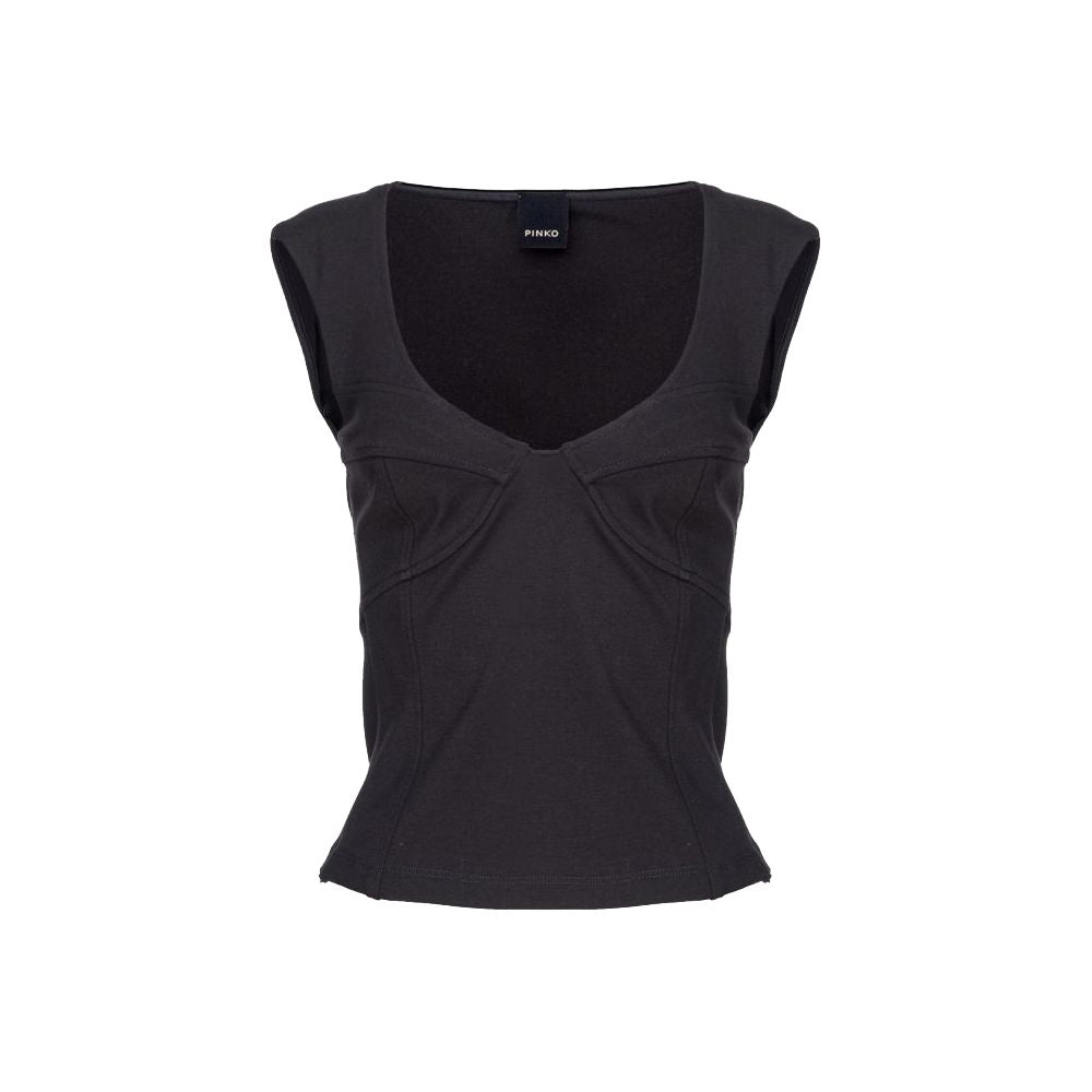 PINKO Black Viscose Women Top with wide neckline, side zip, and stretchy fit for elegance and comfort.