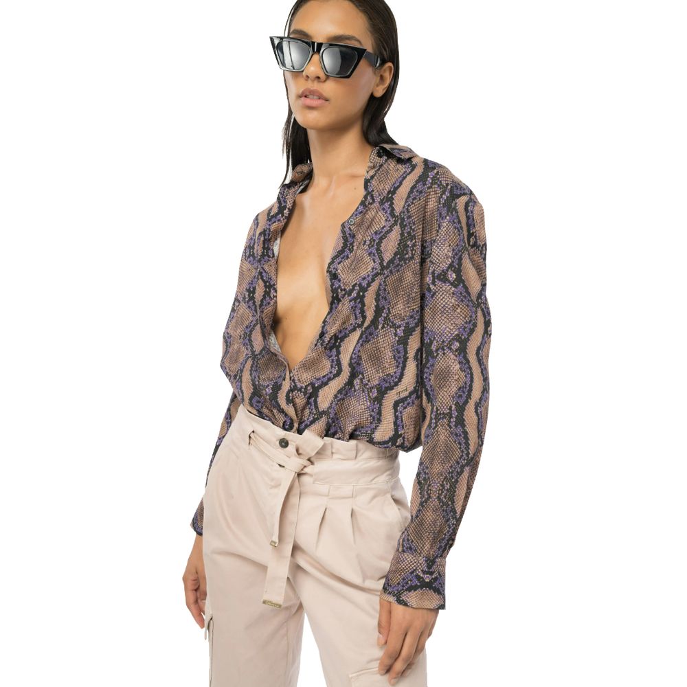 Model wearing PINKO Multicolor Viscose Shirt with snake print, button closure, and classic collar, paired with sunglasses and high-waisted pants.