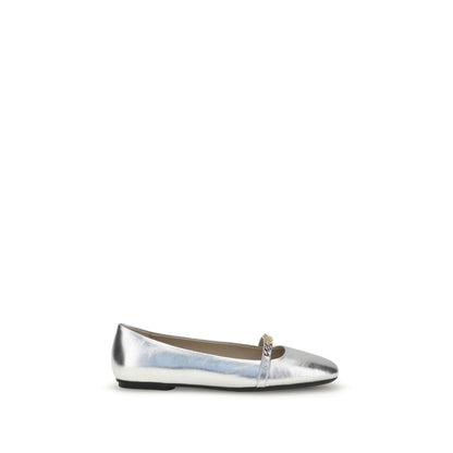 PINKO Silver Calf Leather Bos Taurus Ballet Flats with metallic finish, round toe, and decorative loop with metal detail. AW25 collection.