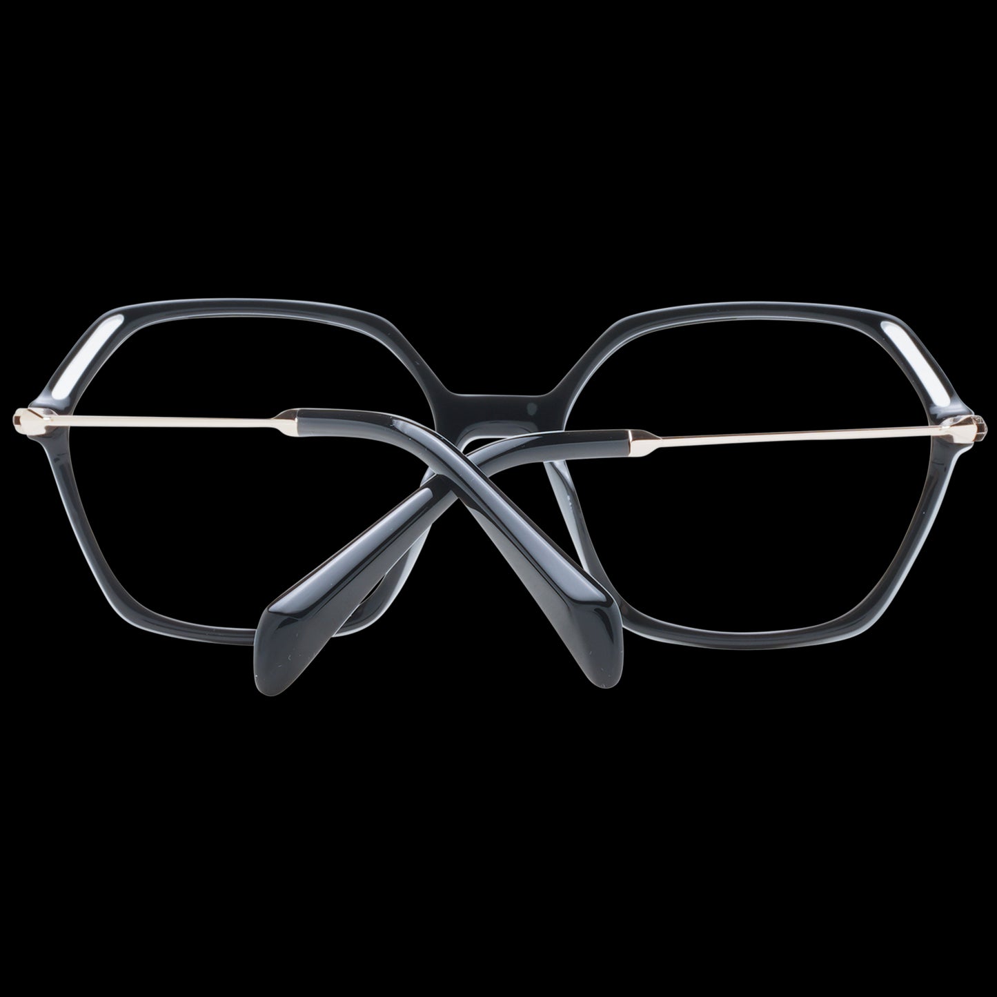 POLICE MOD. VPLD23M 540700 ladies' eyeglasses with black geometric frame and gold bridge on a black background.