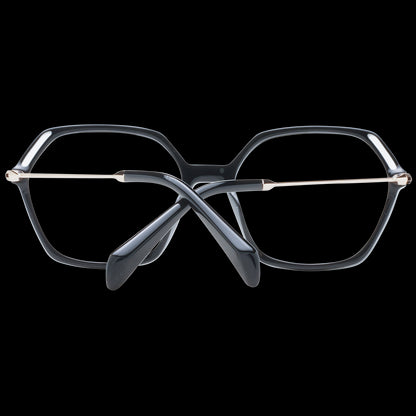 POLICE MOD. VPLD23M 540700 ladies' eyeglasses with black geometric frame and gold bridge on a black background.