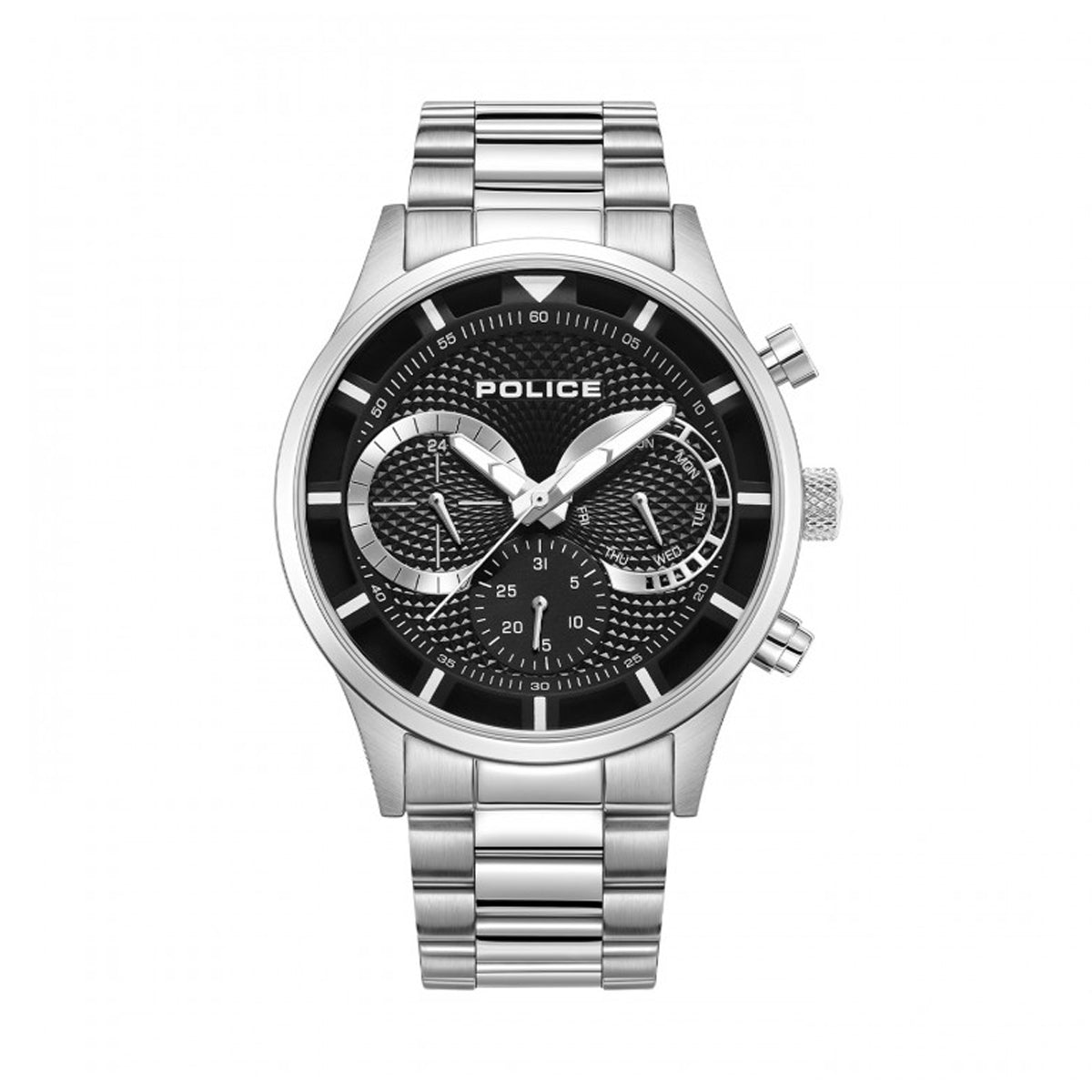 POLICE WATCHES Mod. PEWGK0040303M silver analog wristwatch with black dial and stainless steel strap