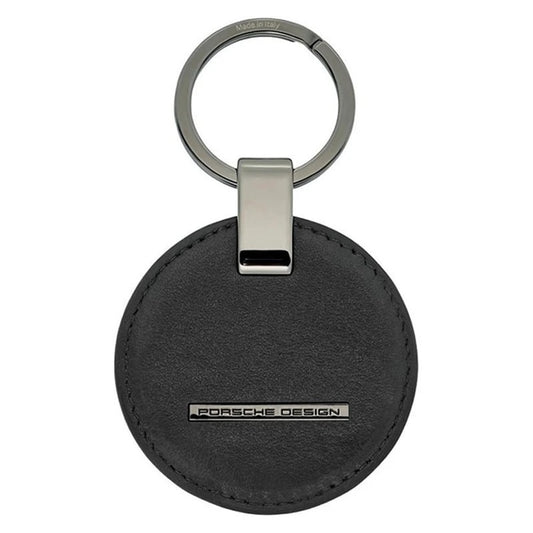 PORSCHE PORTACHIAVI MOD. OKY08802-001 sleek black round keychain with metallic accents, featuring Porsche Design logo for luxury appeal.