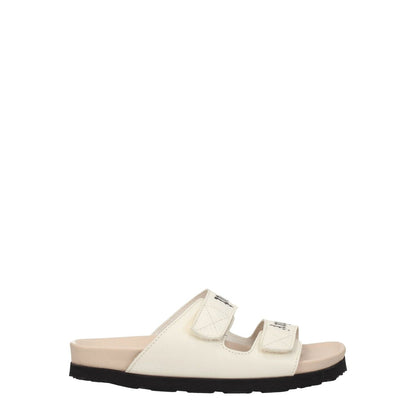 Palm Angels Beige Leather Flat Sandals with strap closure, featuring a front logo and rubber sole, open toe design.