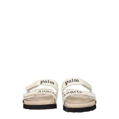 Palm Angels Beige Leather Flat Sandals with front logo and strap closure, open toe, rubber sole, low flat heel, casual style.