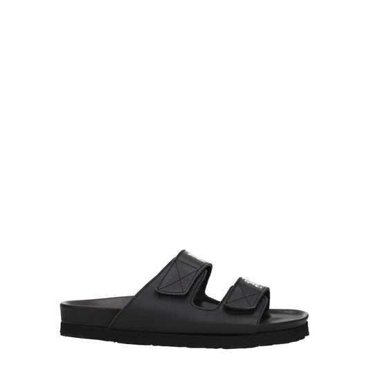 Palm Angels Black Leather Flat Sandals with front logo and strap closure, casual style, rubber sole, low heel. MPN: PWIH010LEA0011001.
