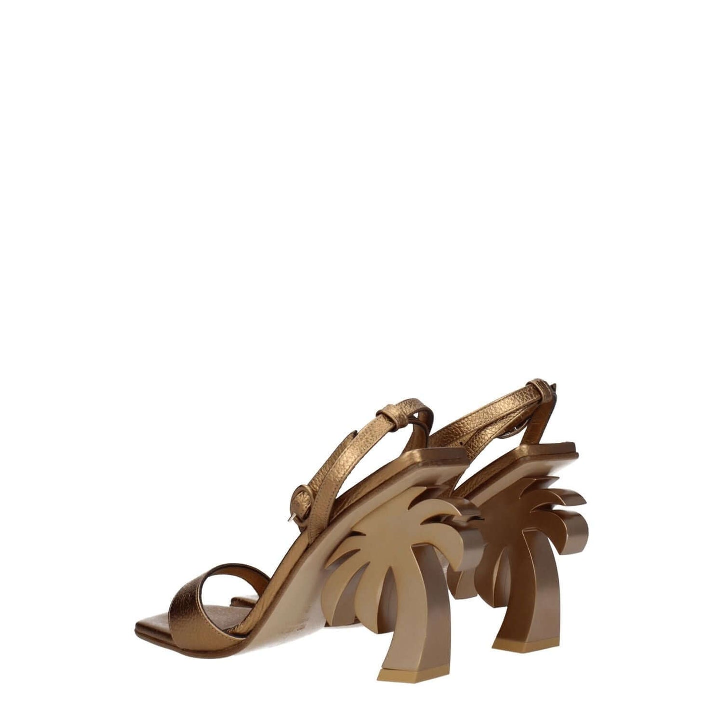 Palm Angels Gold Leather Platform Sandals with palm tree high heel, open toe, and buckle closure, featuring front detail, dark gold accents.