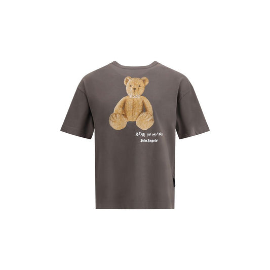 Palm Angels Gray Cotton T-Shirt with bear print, ribbed crew neck