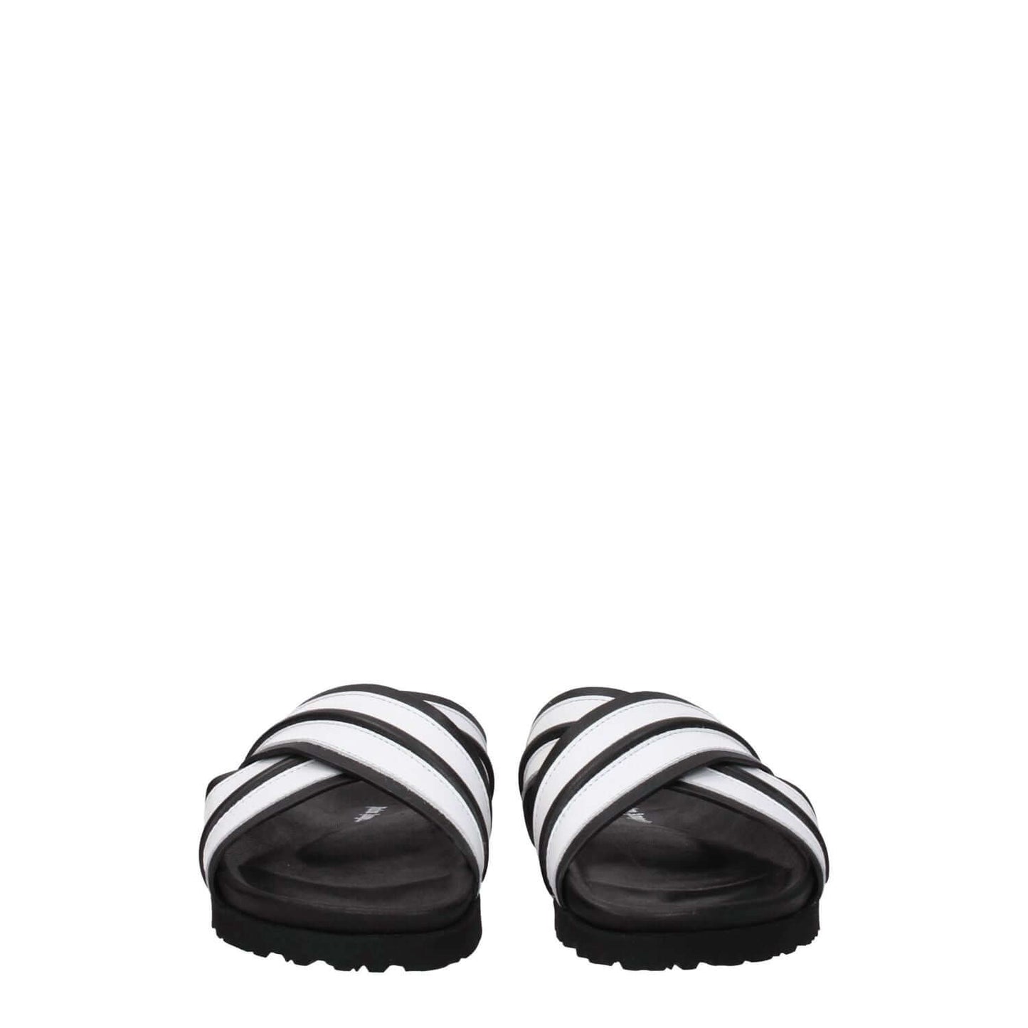 Palm Angels White Leather Slippers with open toe and low flat heel, featuring black stripes, casual style, rubber sole.