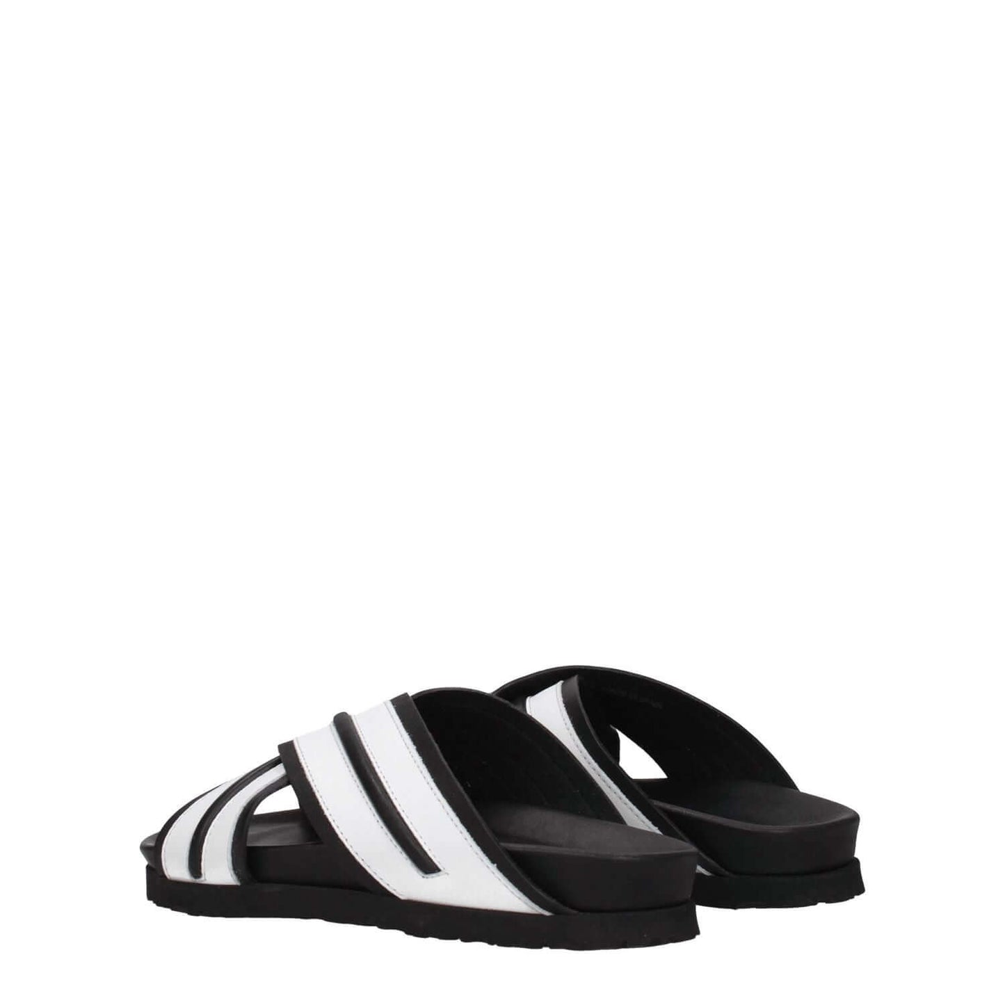 Palm Angels White Leather Slippers with black accents, open toe, low flat heel, and rubber sole, casual footwear design.