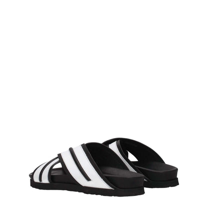 Palm Angels White Leather Slippers with black accents, open toe, low flat heel, and rubber sole, casual footwear design.