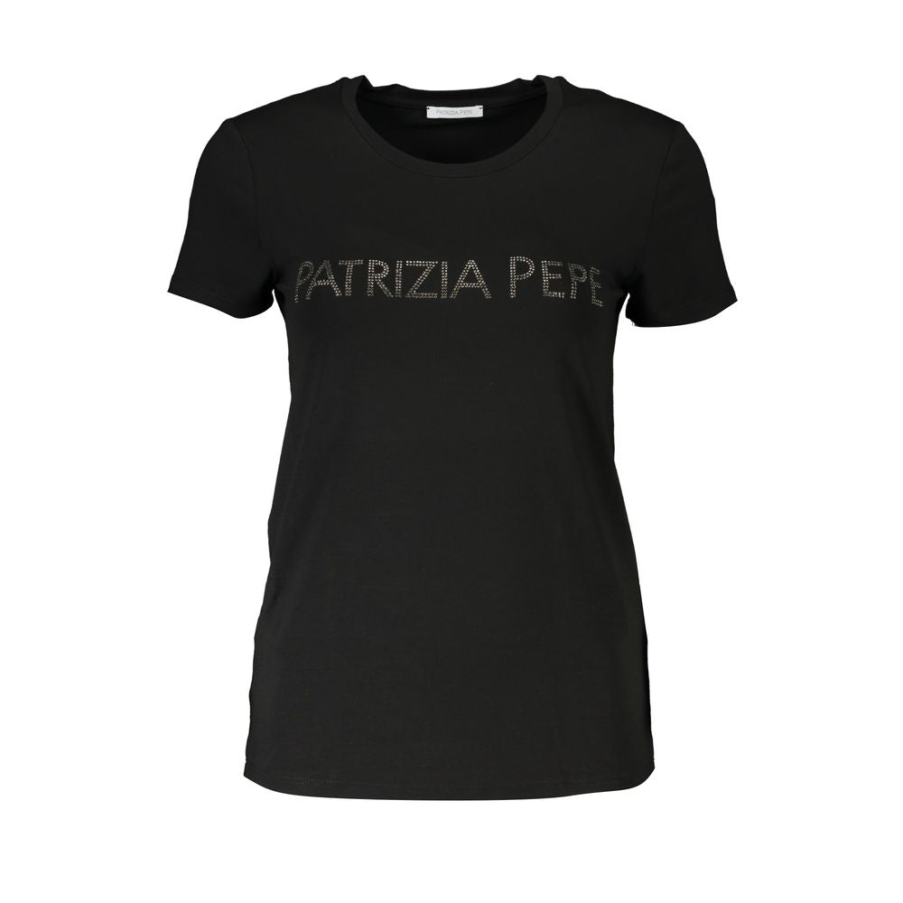 Patrizia Pepe Black Organic Cotton Women T-Shirt with rhinestone logo and crew neck design