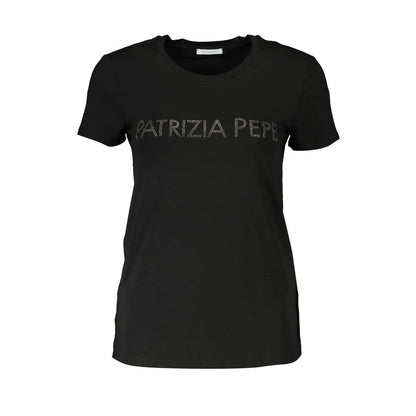 Patrizia Pepe Black Organic Cotton Women T-Shirt with rhinestone logo and crew neck design