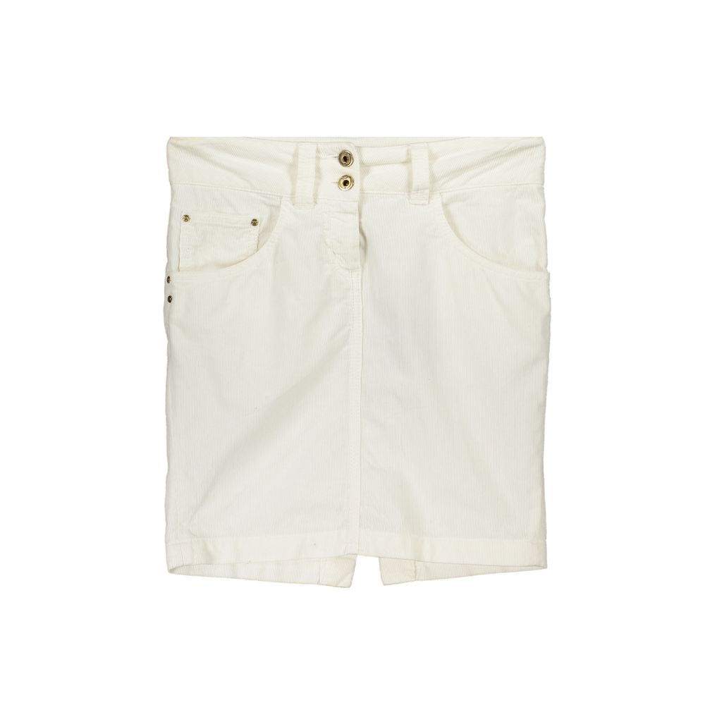 Patrizia Pepe White Cotton Skirt with 5 pockets, buttons, and zip, featuring brand logo.