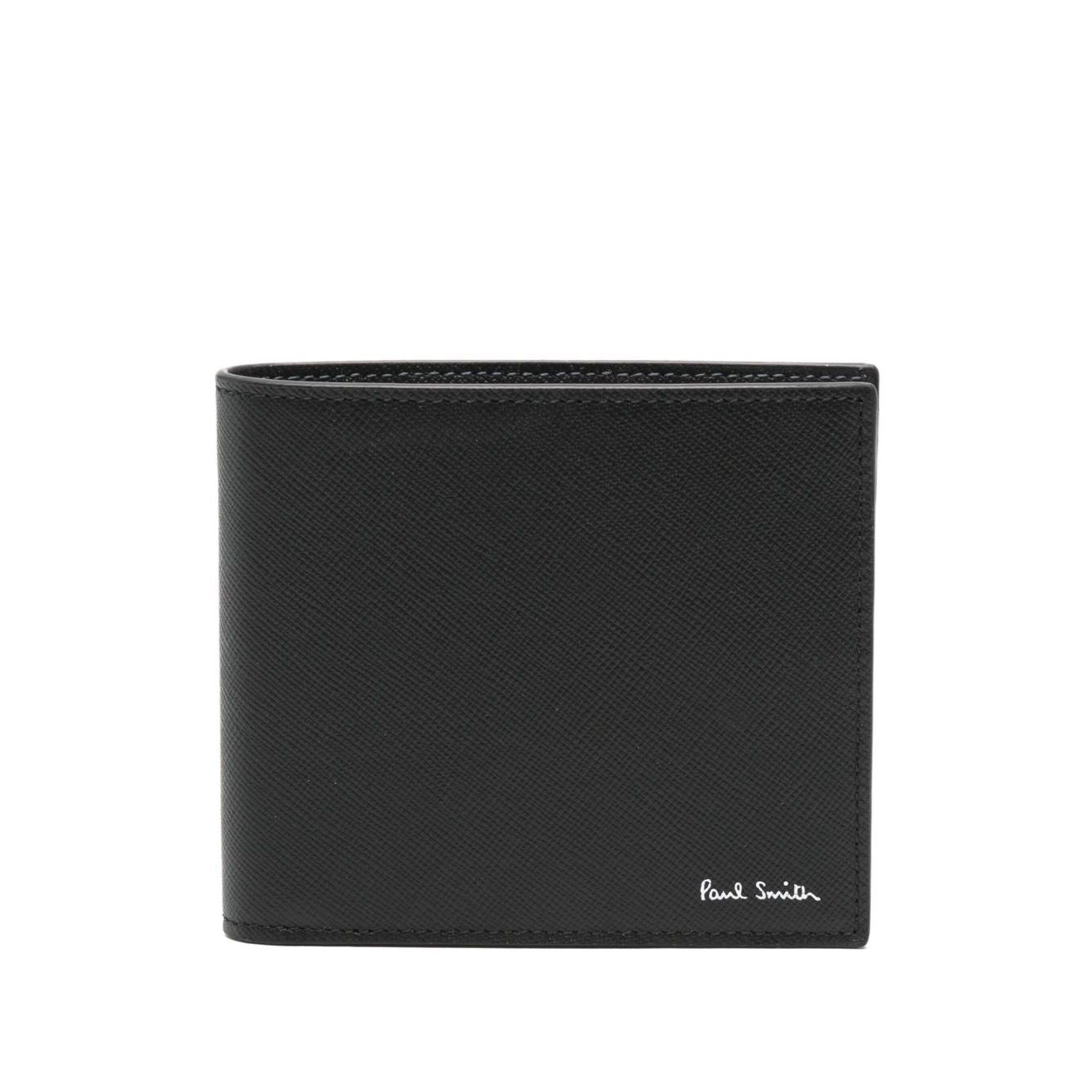 Paul Smith Leahter bifold wallet in black calf leather with logo detail and internal card slots.
