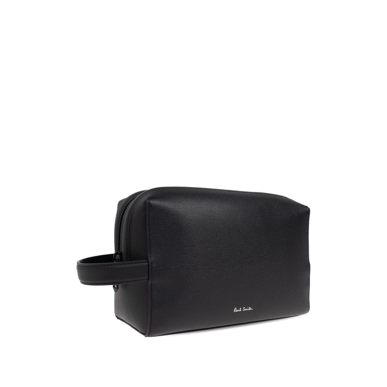 Black Paul Smith Leather washbag with zip closure, internal pocket, branded logo, and carry handle, size 23.5 cm x 14.5 cm x 10.5 cm.