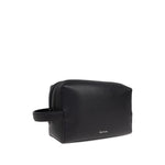 Black Paul Smith Leather washbag with zip closure, internal pocket, branded logo, and carry handle, size 23.5 cm x 14.5 cm x 10.5 cm.