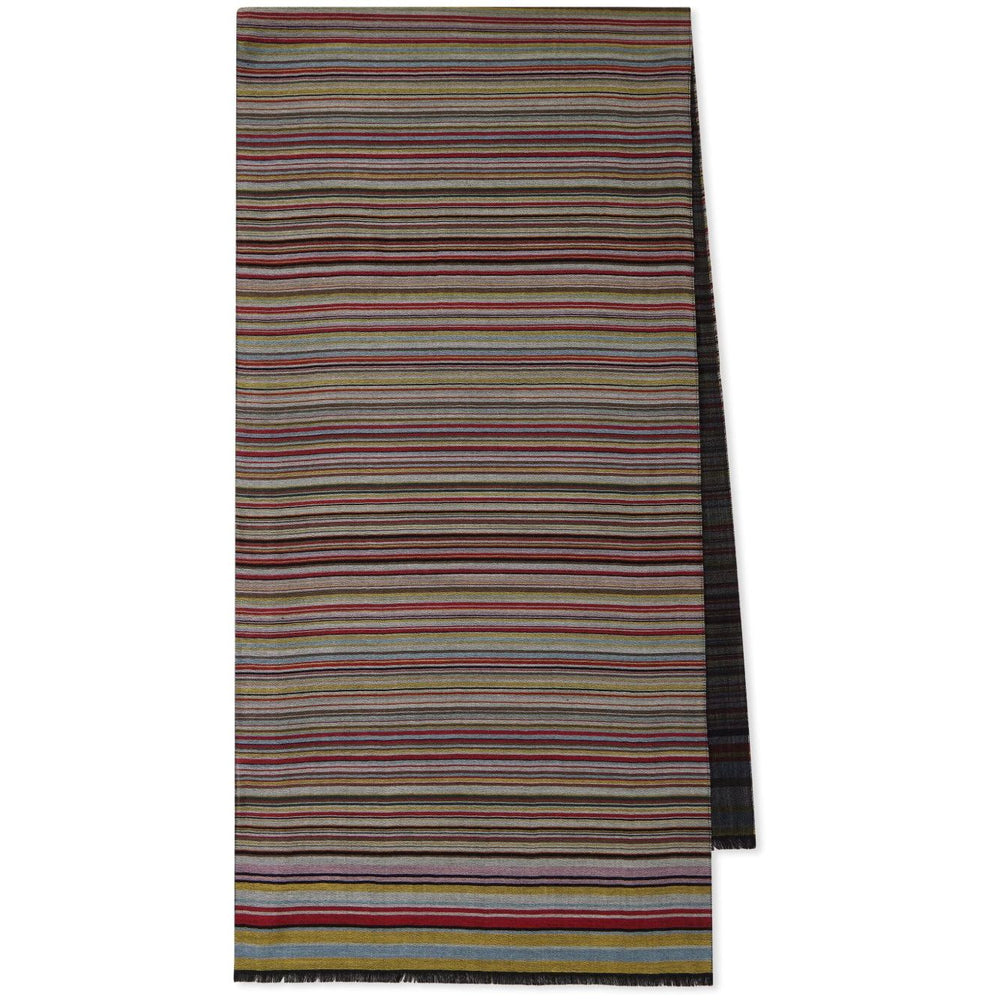Paul Smith Signature Stripe wool and silk scarf in dark red with frayed edge, wraparound style, featuring multicolor stripes.