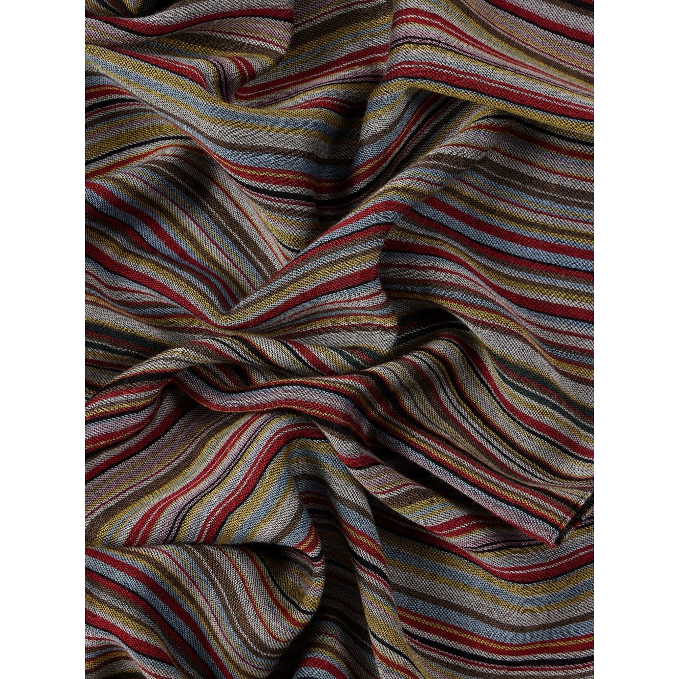 Dark red Paul Smith Signature Stripe wool and silk scarf with frayed edges and wraparound style.